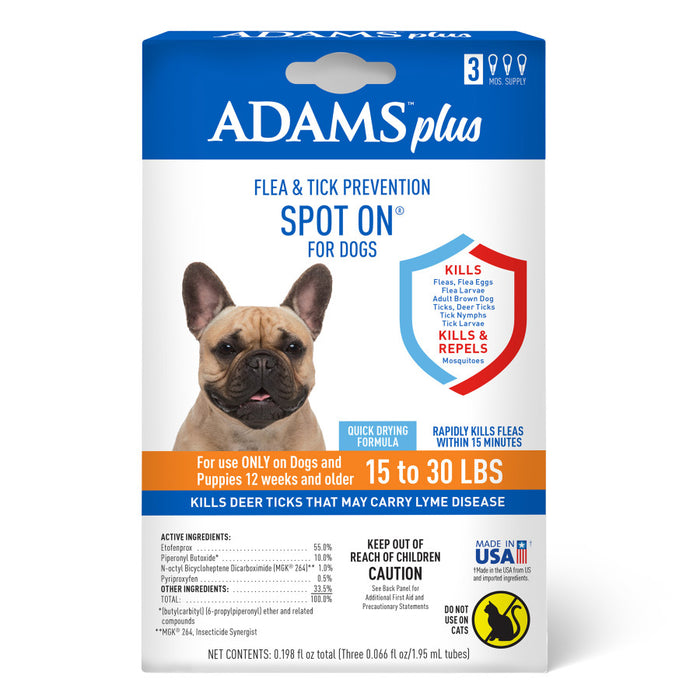 Adams Plus Flea & Tick Prevention Spot On for Dogs 3 Month Supply, Clear, 1ea/Medium Dogs 15 To 30 lb