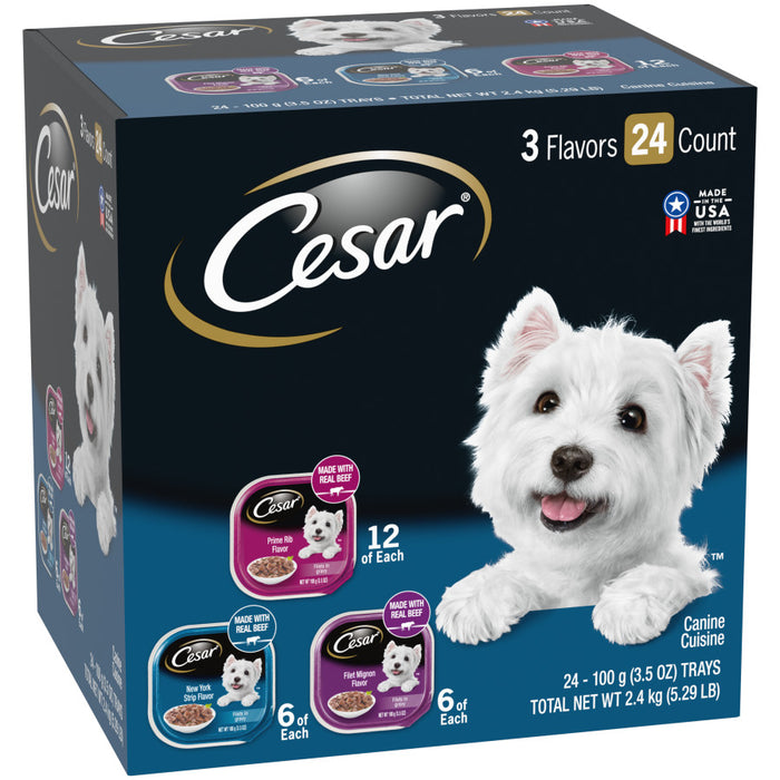 Cesar Filets in Gravy Adult Wet Dog Food Variety Pack (Prime Rib, Filet Mignon, New York Strip), 1ea/3.5 oz, 24 pk