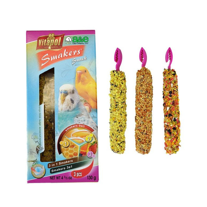 A & E Cages Smakers Snack 3-in-1 Mix Treat Stick for Parakeets 1ea/4.59 oz, 3 ct