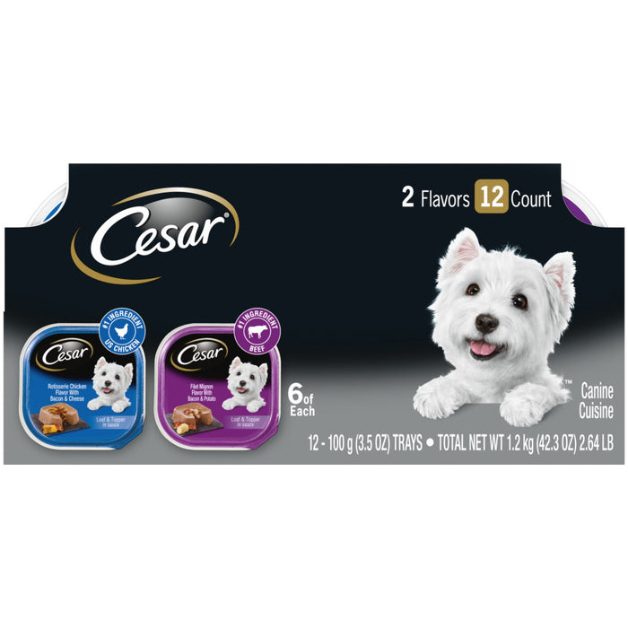 Cesar Loaf & Topper in Sauce Adult Wet Dog Food Variety Pack (Rotisserie Chicken, Filet Mignon), 2ea/3.5 oz, 12 pk