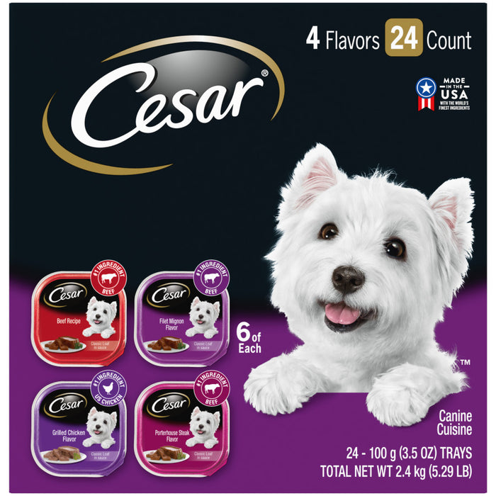 Cesar Classic Loaf in Sauce Adult Wet Dog Food Variety Pack (Beef, Filet Mignon, Grilled Chicken, Poterhouse Steak), 1ea/84.66 oz, 24 pk