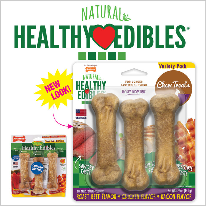 Nylabone Healthy Edibles All-Natural Long Lasting Chew Treats Variety Pack 3 count, 1ea/SMall/Regular - Up To 25 lb