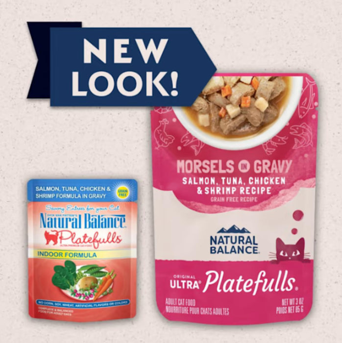 Natural Balance Pet Foods Ultra Platefulls Morsels in Gravy Wet Cat Food Salmon, Tuna, Chicken & Shrimp in Gravy, 24ea/3 oz