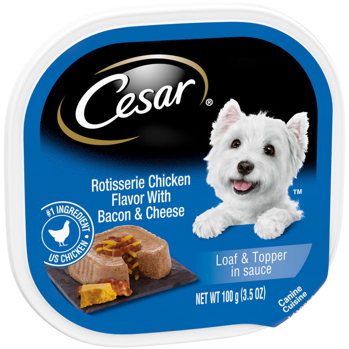 Cesar Loaf & Topper in Sauce Adult Wet Dog Food Rotisserie Chicken w/Bacon & Cheese, 24ea/3.5 oz, 24 pk