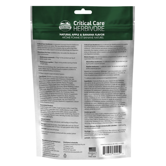 Oxbow Animal Health Critical Care Herbivore Feeding Formula 454g, Apple-Banana, 1ea/16 oz