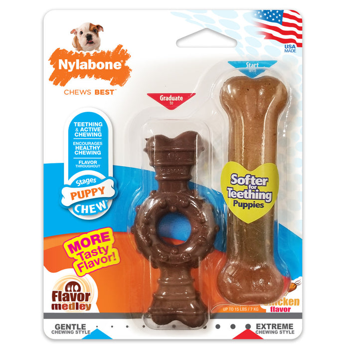 Nylabone Just for Puppies Teething Chew Ring Bone & Toy Ring Bone Twin Pack, Flavor Medley & Chicken Flavor, 1ea/XS - Up To 15 lb