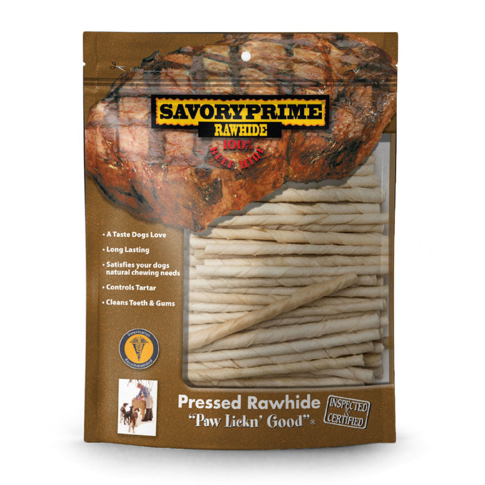 Savory Prime Pressed Rawhide Twist Sticks White, 1ea/5 in, 100 pk