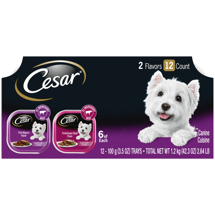 Cesar Classic Loaf in Sauce Adult Wet Dog Food Variety Pack (Filet Mignon, Porterhouse Steak), 2ea/42.3 oz, 12 pk