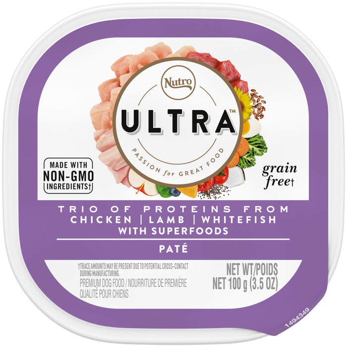 Nutro Products Ultra Grain Free Paté Adult Wet Dog Food Trio of Proteins from Chicken, Lamb & Whitefish Paté w/Superfoods, 24ea/3.5 oz, 24 pk