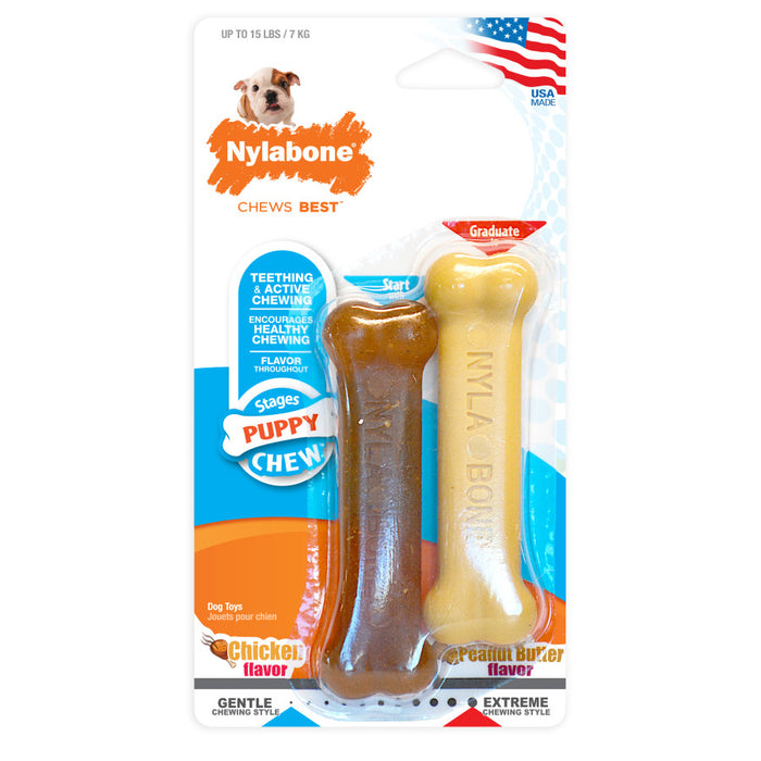 Nylabone Classic Puppy Chew Flavored Durable Dog Chew Toy Classic Bone Twin Pack, Brown, 1ea/XS - Up To 15 lb