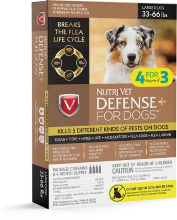 Nutri-Vet Defense+ Flea & Tick for Dog 1ea/LG, 33-66 lb, 4 pk