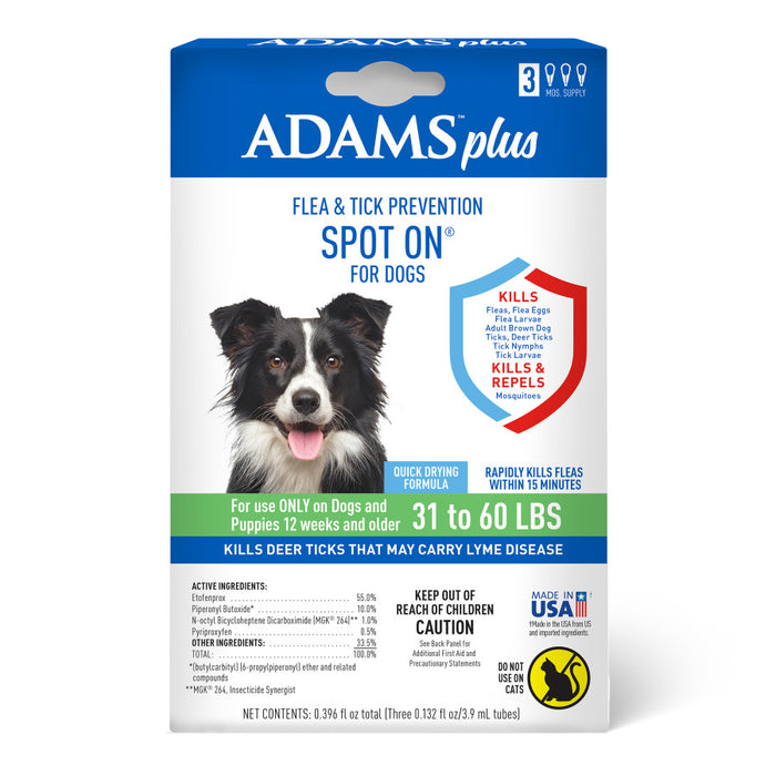 Adams Plus Flea & Tick Prevention Spot On for Dogs 3 Month Supply, Clear, 1ea/Large Dogs 31 To 60 lb