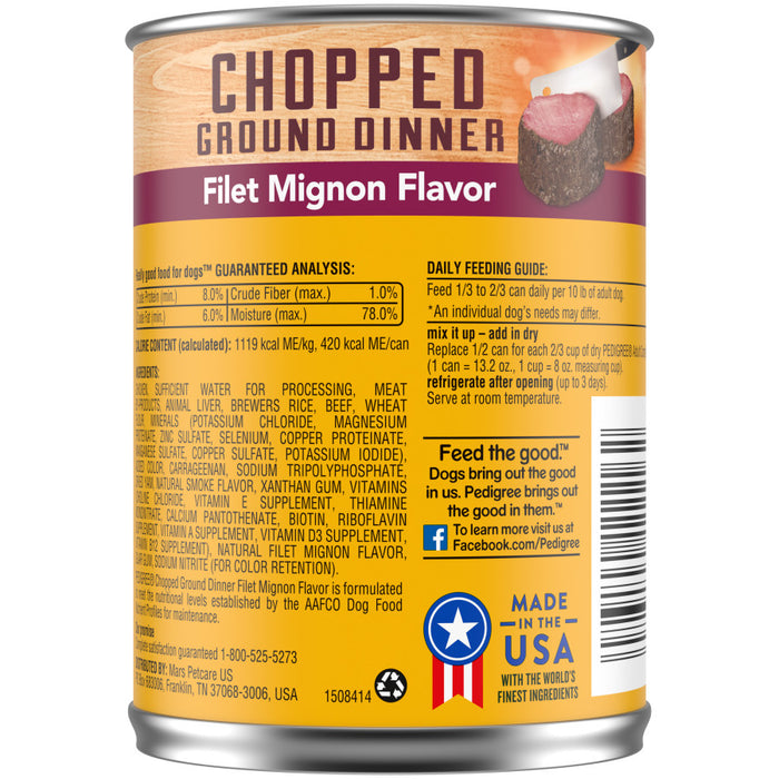 Pedigree Chopped Ground Dinner Adult Wet Dog Food Filet Mignon, 12ea/13.2 oz, 12 pk