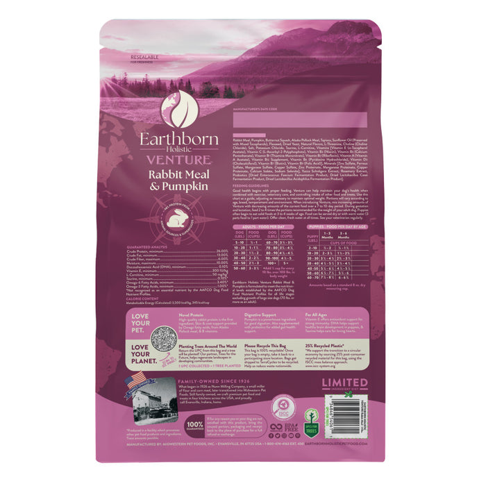 Earthborn Holistic Venture Limited Ingredient Diet Grain-Free Dry Dog Food Rabbit Meal & Pumpkin, 1ea/4 lb