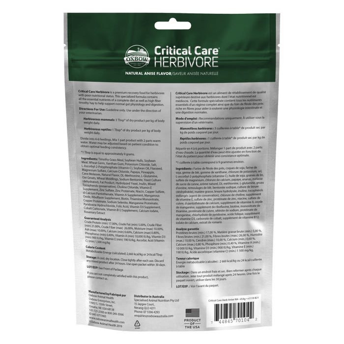 Oxbow Animal Health Critical Care Herbivore Feeding Formula 454g, Anise, 1ea/16 oz