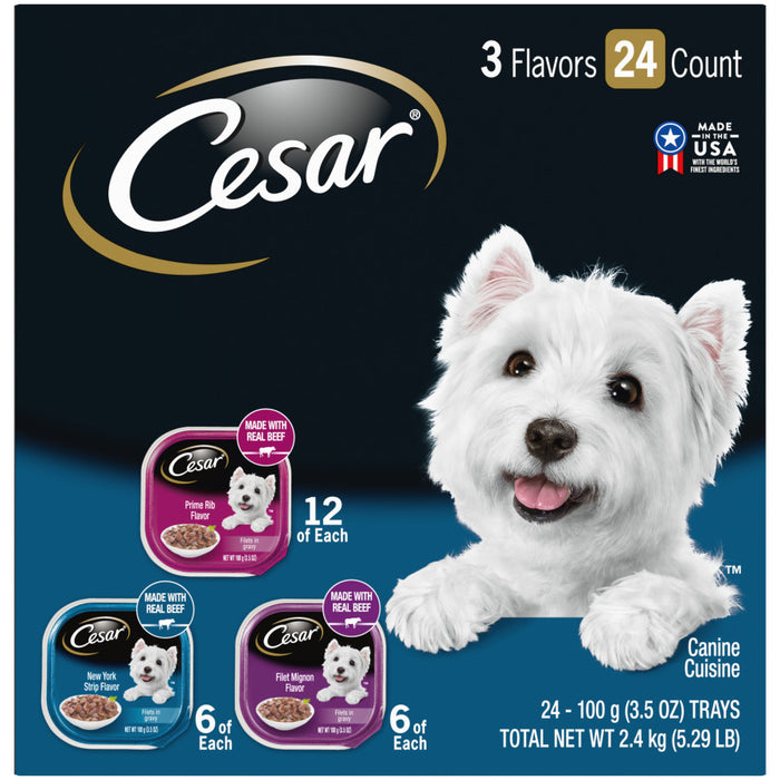 Cesar Filets in Gravy Adult Wet Dog Food Variety Pack (Prime Rib, Filet Mignon, New York Strip), 1ea/3.5 oz, 24 pk