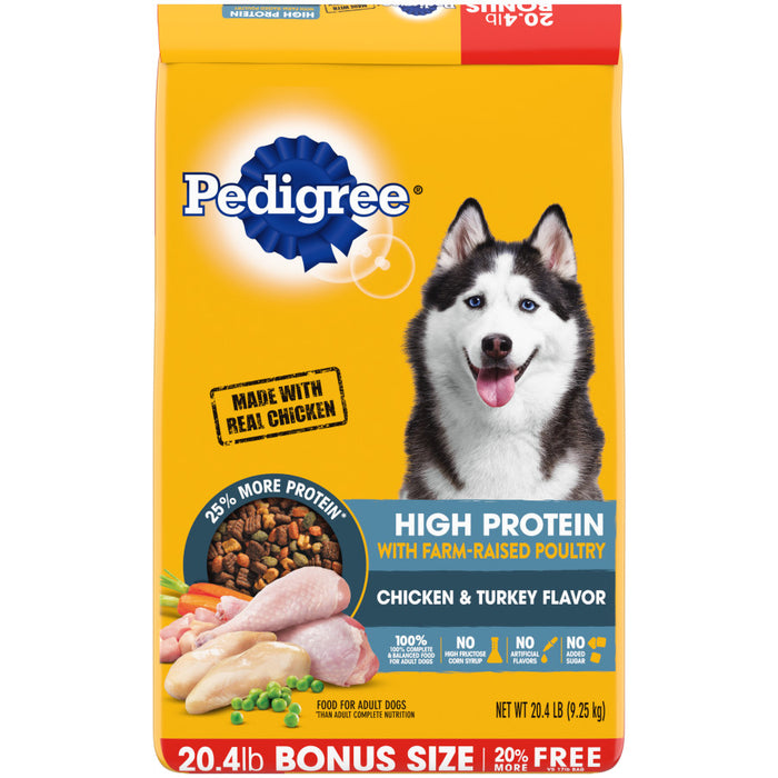 Pedigree High Protein Adult Dry Dog Food w/Farm-Raised Poultry Chicken & Turkey, 1ea/20.4 lb