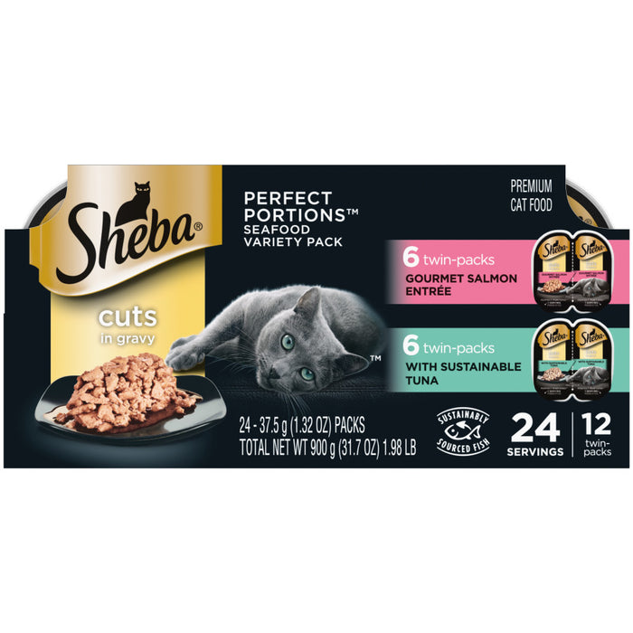 Sheba Perfect Portions Cuts in Gravy Wet Cat Food Variety Pack (Gourmet Salmon, Sustainable Tuna), 1ea/2.6 oz, 12 pk