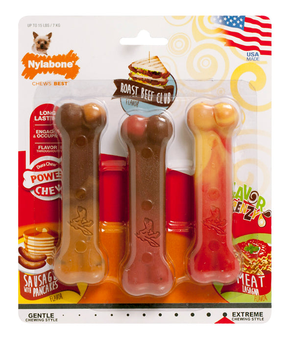 Nylabone Flavor Frenzy Power Chew Triple Pack Pancakes & Sausage, Roast Beef Club, & Lasagna, 1ea/XS - Up To 15 lb