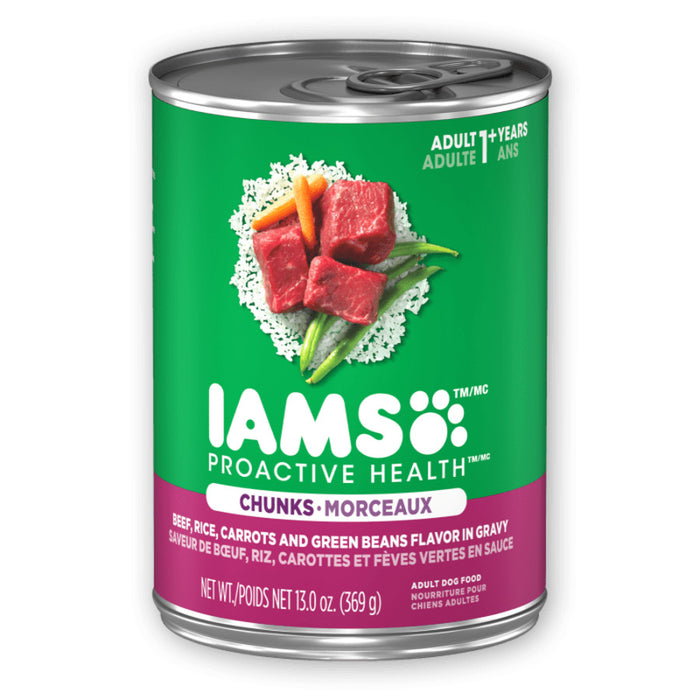 IAMS Proactive Health Chunks Adult Wet Dog Food Beef, Rice, Carrots & Green Beans in Gravy, 12ea/12.3 oz