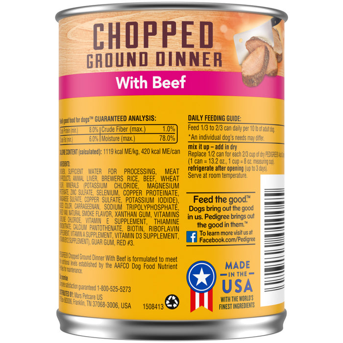 Pedigree Chopped Ground Dinner Adult Wet Dog Food Beef, 12ea/13.2 oz, 12 pk